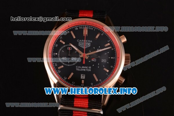 Tag Heuer Carrera Calibre 18 Miyota Quartz Rose Gold Case with Red Inner Bezel Black Dial Stick Markers and Red/Black Nylon Strap - Click Image to Close